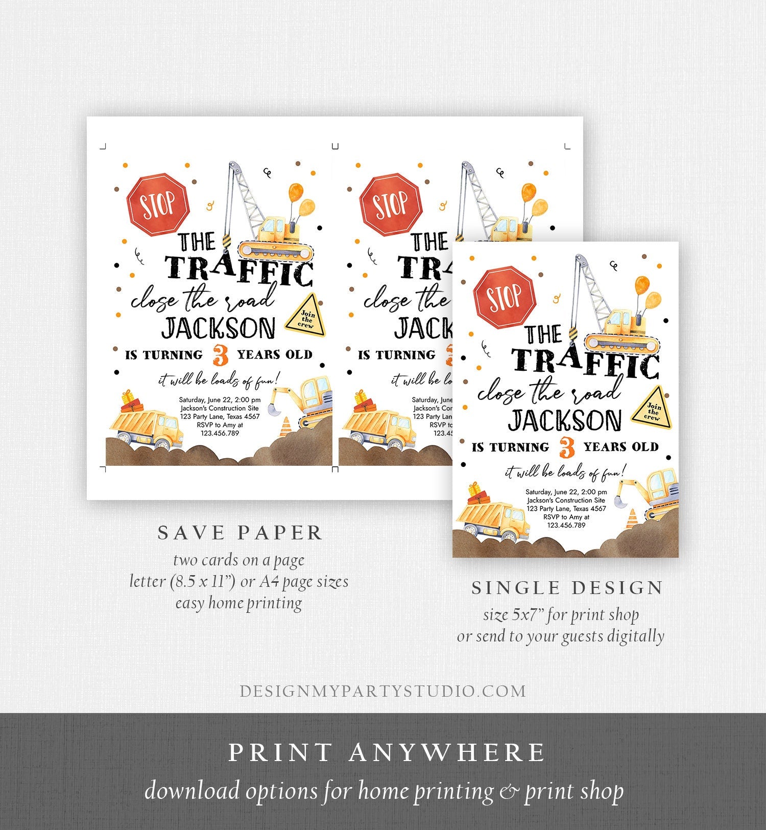 Editable Construction Birthday Invitation Yellow Dump Truck Invite Caution Party Boy Evite Digital Download Template Printable 0374