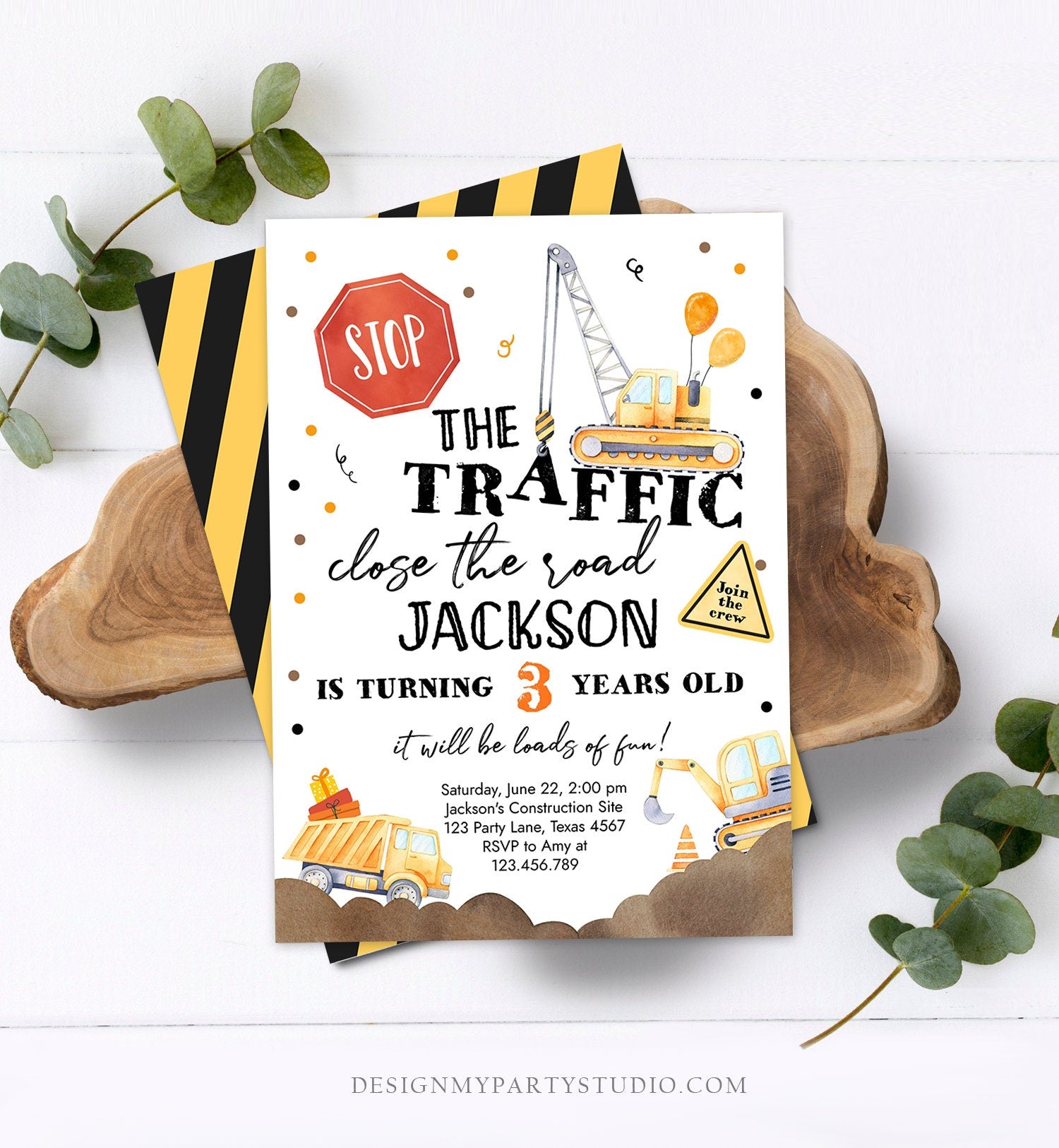 Editable Construction Birthday Invitation Yellow Dump Truck Invite Caution Party Boy Evite Digital Download Template Printable 0374