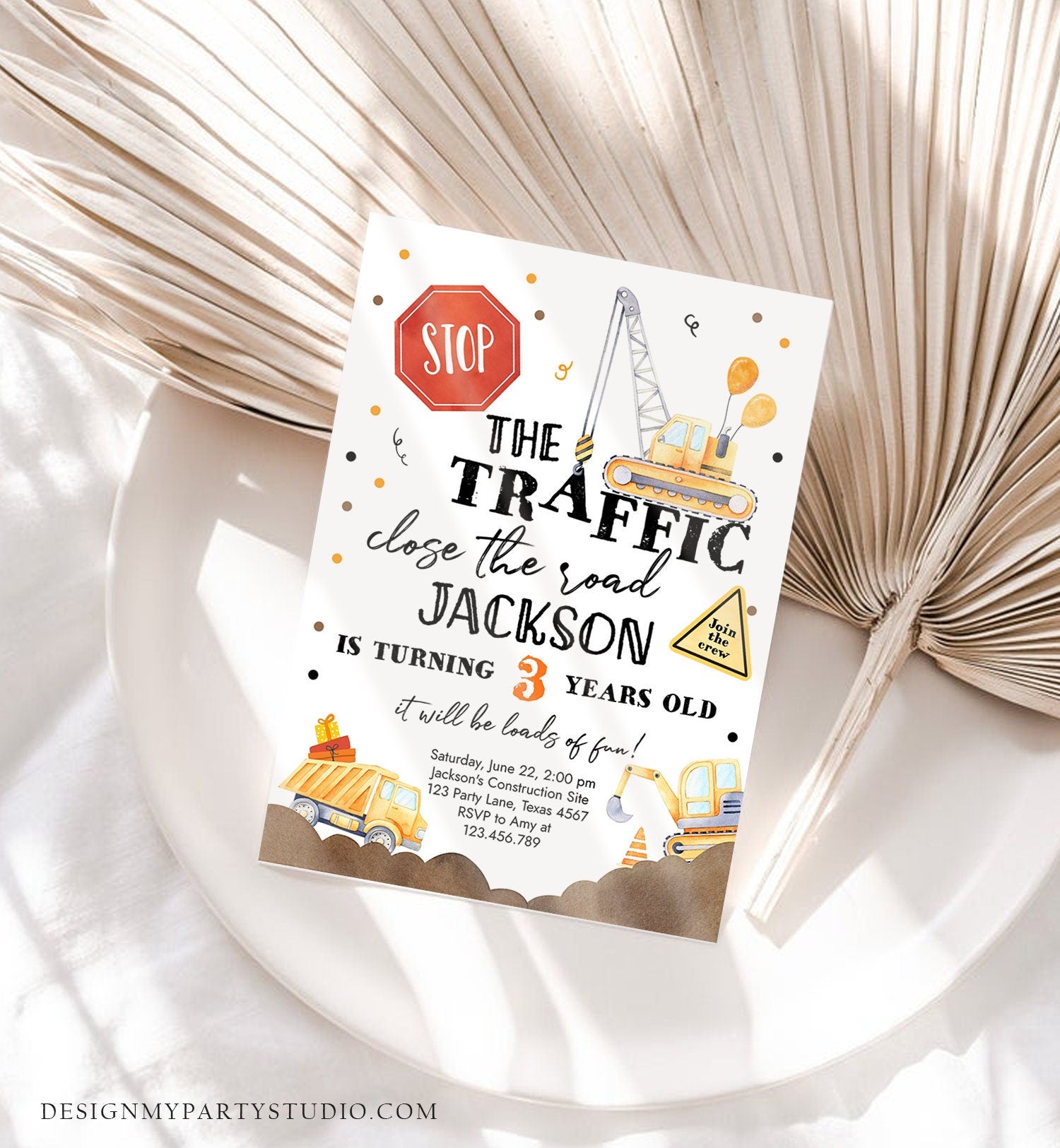 Editable Construction Birthday Invitation Yellow Dump Truck Invite Caution Party Boy Evite Digital Download Template Printable 0374