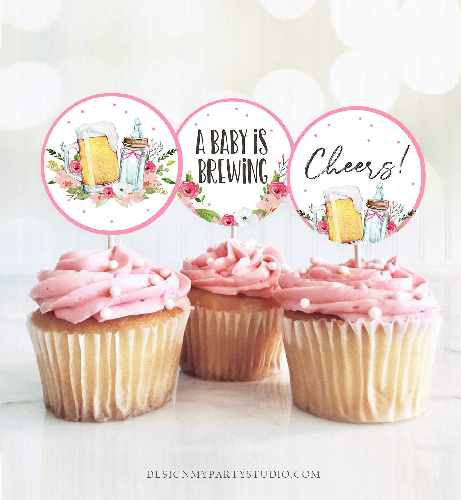 A Baby is Brewing Cupcake Toppers Favor Tags Bottle an Beers Baby Shower Cheers Party Decor Shower Greenery Pink Girl Digital PRINTABLE 0190