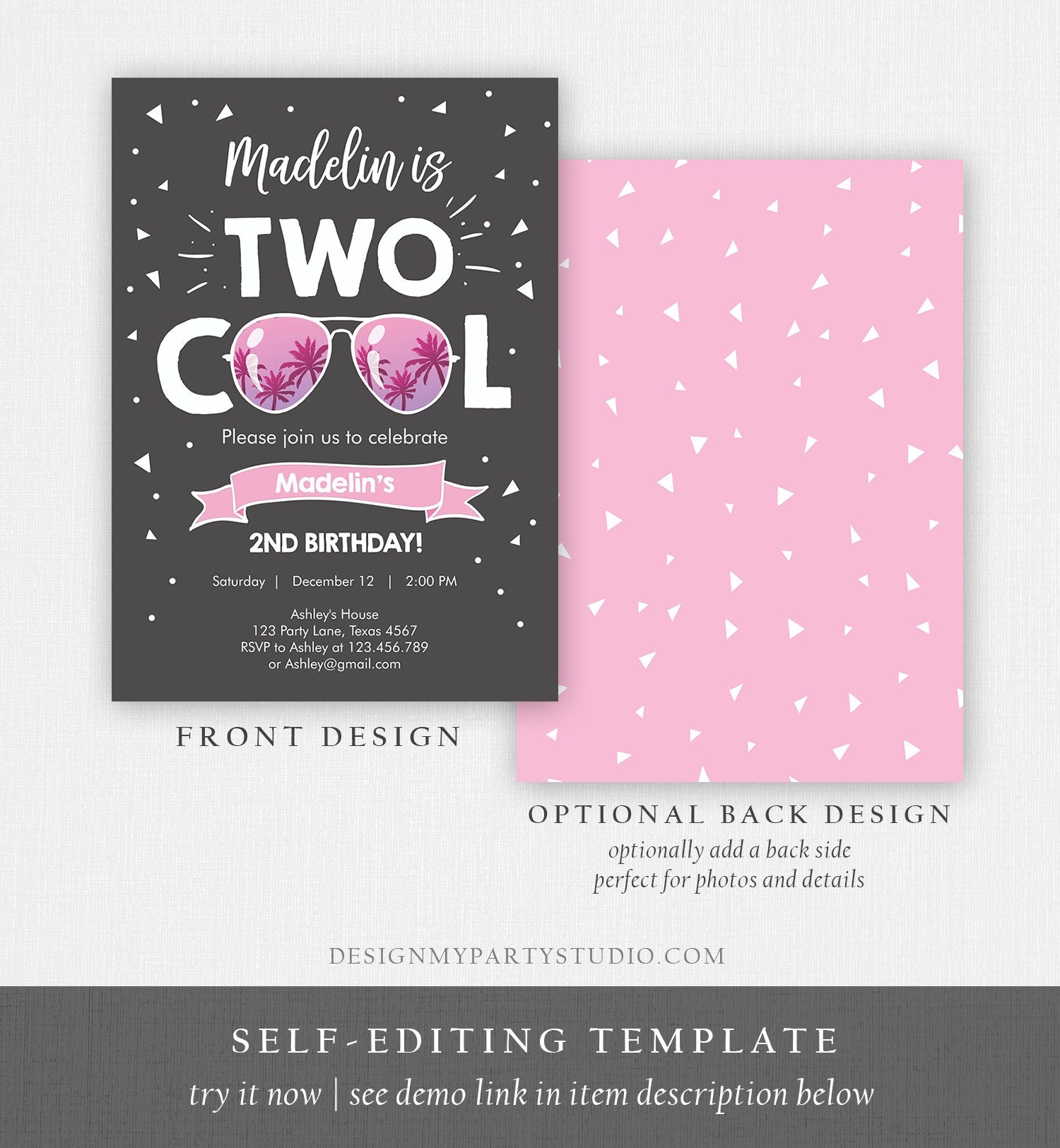 Editable Two Cool Birthday Invitation Girl Second Birthday Party 2nd I'm this Many Two Cool Pink Sunglasses Printable Corjl Template 0136