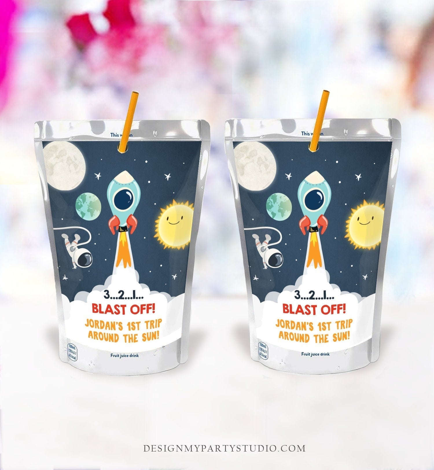 Editable Outer Space Juice Pouch Label Juice Favor Planets Astronaut Rocket Boy Birthday Blast Off Digital Download Template Printable 0046