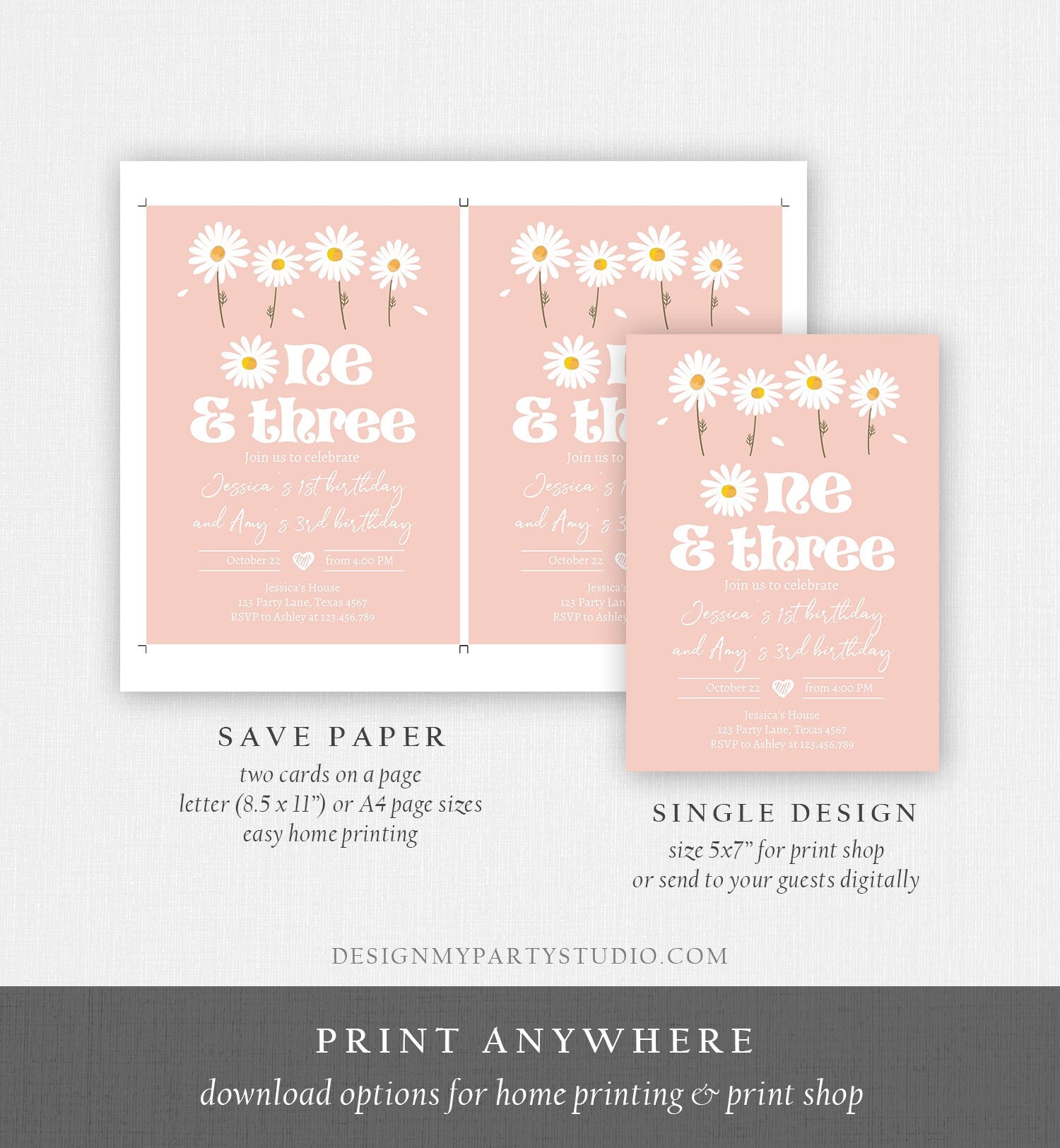 Editable Daisy Birthday Party Invitation 1st Birthday One and Three Party Boho Girl Sisters Download Printable Template Corjl Digital 0410