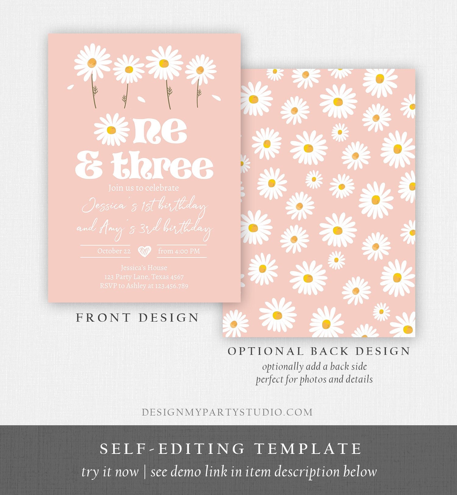 Editable Daisy Birthday Party Invitation 1st Birthday One and Three Party Boho Girl Sisters Download Printable Template Corjl Digital 0410