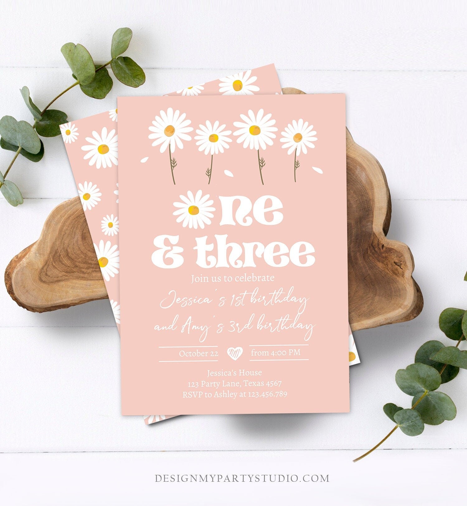 Editable Daisy Birthday Party Invitation 1st Birthday One and Three Party Boho Girl Sisters Download Printable Template Corjl Digital 0410