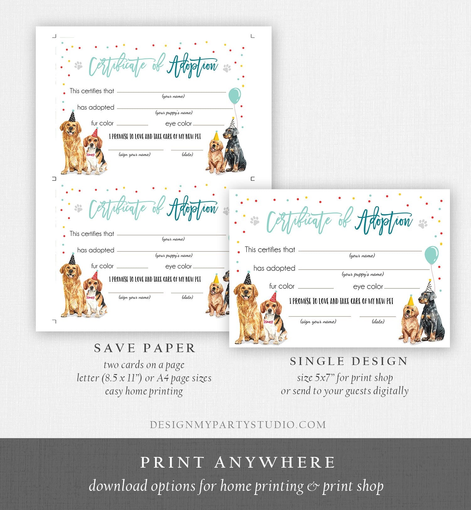 Pet Adoption Certificate Puppy Adoption Dog Birthday Party Adopt A Pet Boy Vet Puppy Adoption Blue Instant Download Digital PRINTABLE 0384