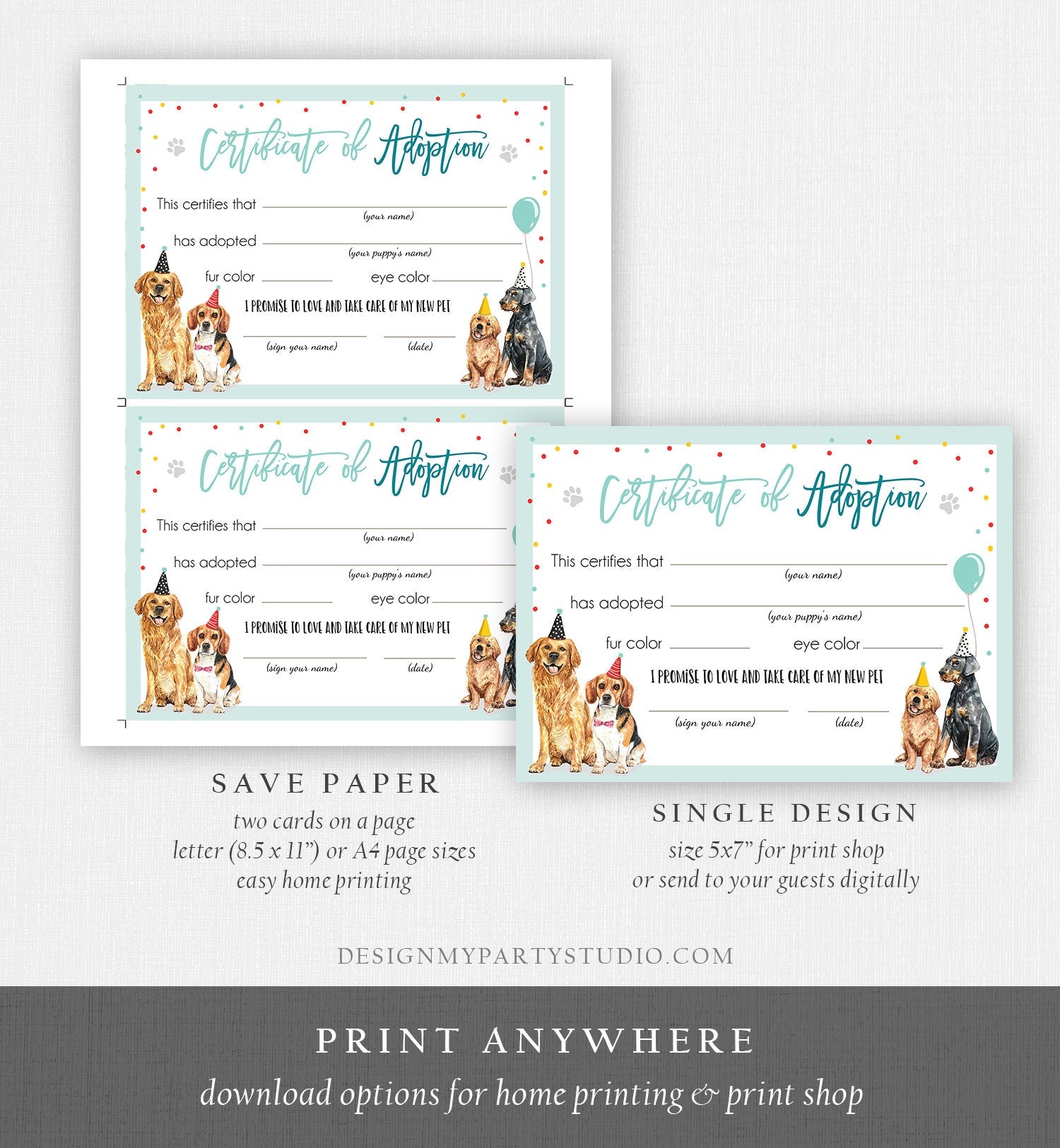 Pet Adoption Certificate Puppy Adoption Dog Birthday Party Adopt A Pet Boy Vet Puppy Adoption Blue Instant Download Digital PRINTABLE 0384