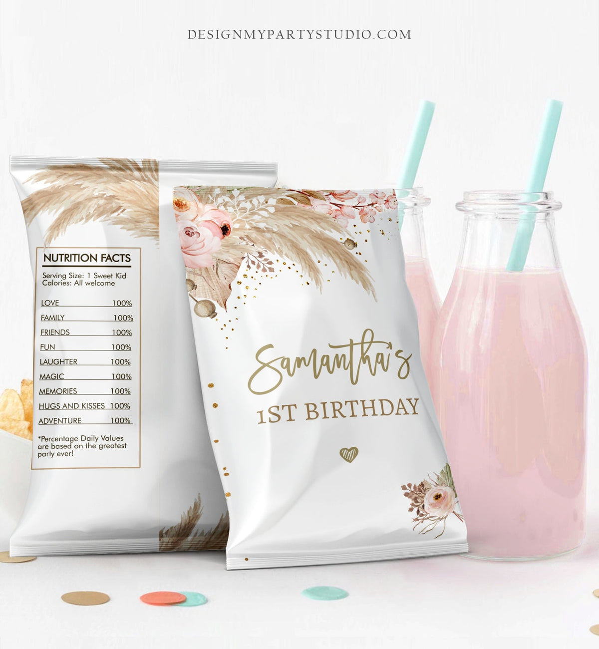 Editable Pampas Grass Chip Bag Boho 1st Birthday Party Decor Girl Birthday Pampas Grass Snack Favors Floral Digital Template Printable 0395