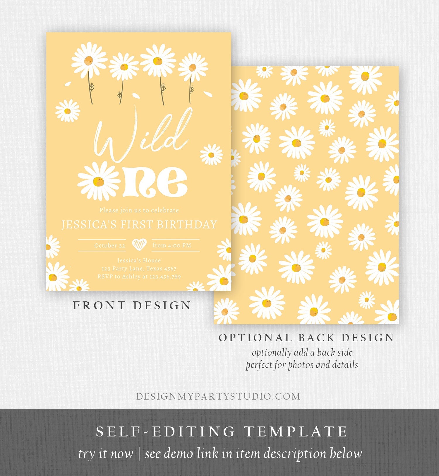 Editable Daisy Birthday Party Invitation Wild One Floral Girl Boho Yellow First Birthday 1st Digital Download Template Corjl Printable 0410