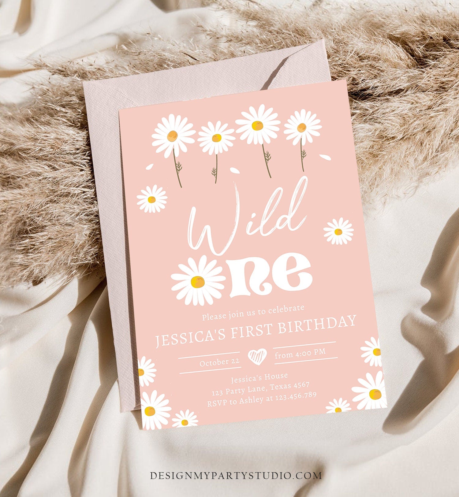 Editable Daisy Birthday Party Invitation Wild One Floral Girl Boho Pink First Birthday 1st Digital Download Template Corjl Printable 0410