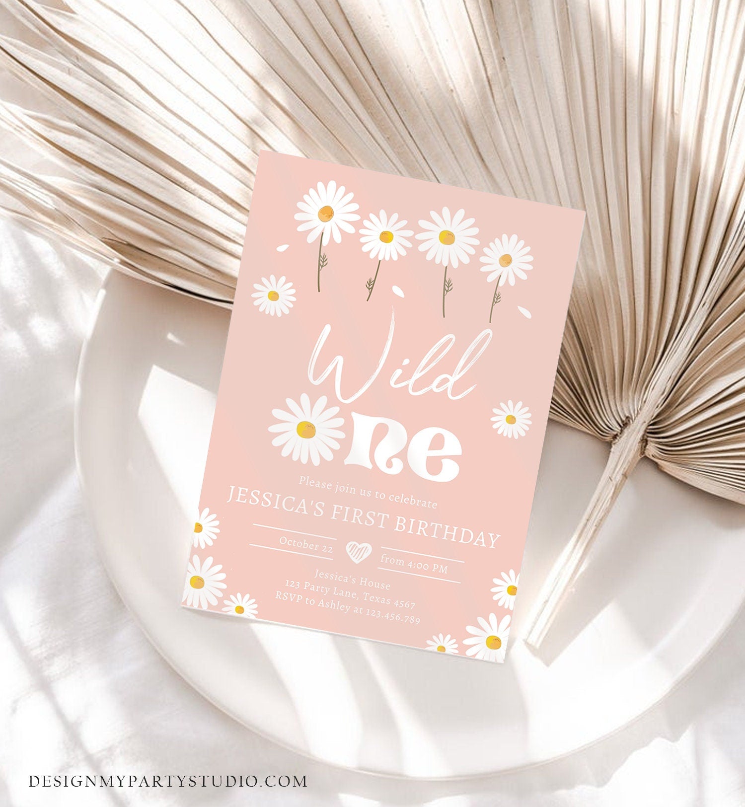 Editable Daisy Birthday Party Invitation Wild One Floral Girl Boho Pink First Birthday 1st Digital Download Template Corjl Printable 0410