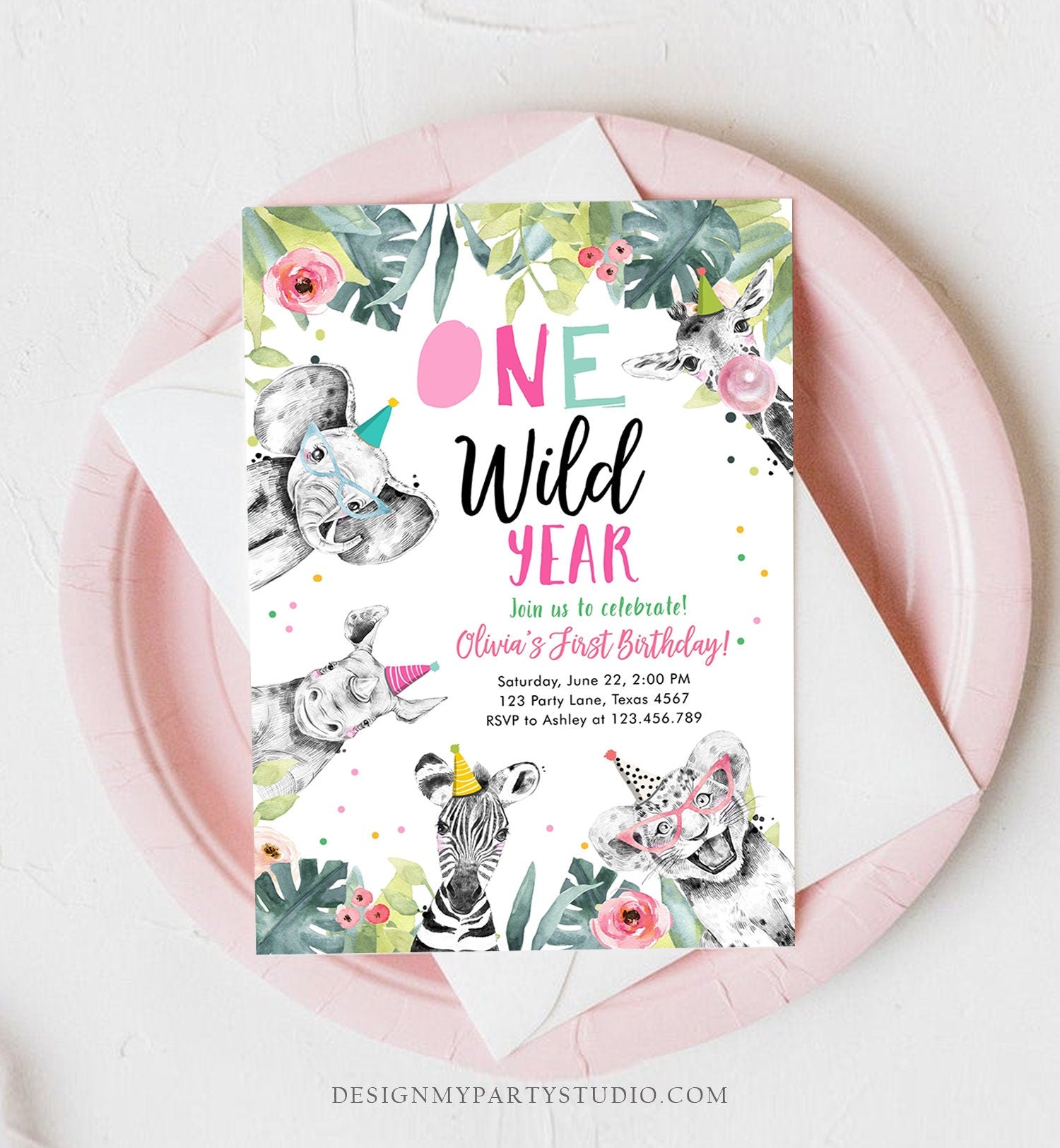 Editable One Wild Year Birthday Invitation Safari Party Animals Girl Pink First Birthday Wild One Monochrome Corjl Template Printable 0322