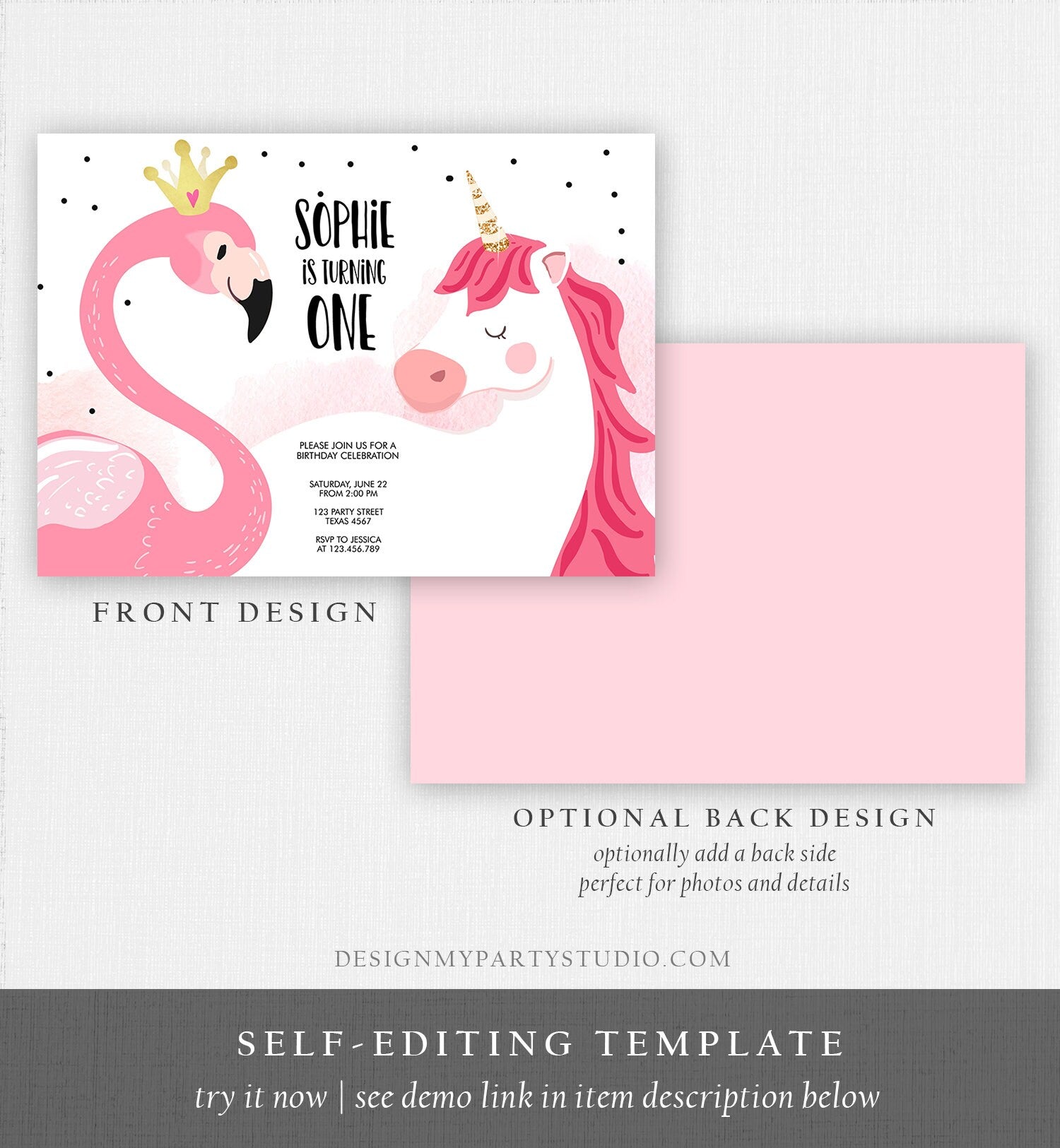 Editable Flamingo Unicorn Birthday Invitation Magical Party Invite Girl First Birthday Digital Invite Template Instant Download Corjl 0019