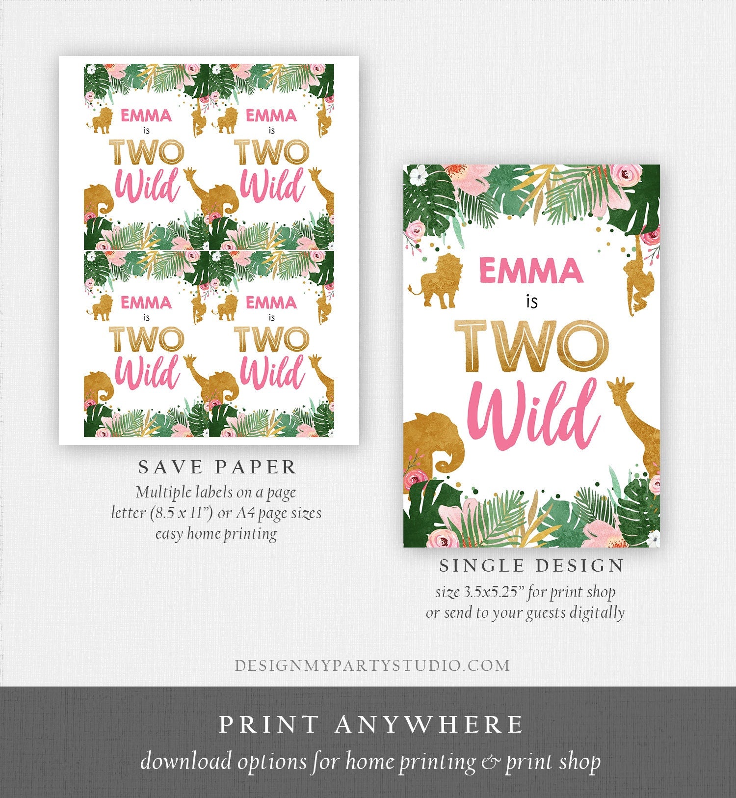 Editable Two Wild Safari Animals Juice Pouch Label Juice Favors Gold Girl Second Birthday Party Animals Digital Template Printable 0016