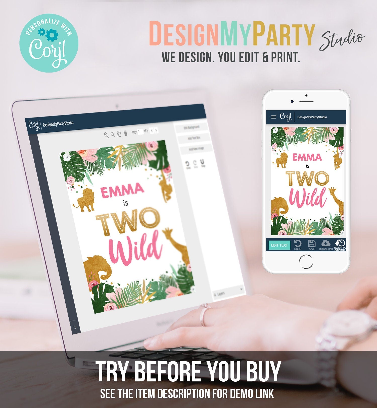 Editable Two Wild Safari Animals Juice Pouch Label Juice Favors Gold Girl Second Birthday Party Animals Digital Template Printable 0016