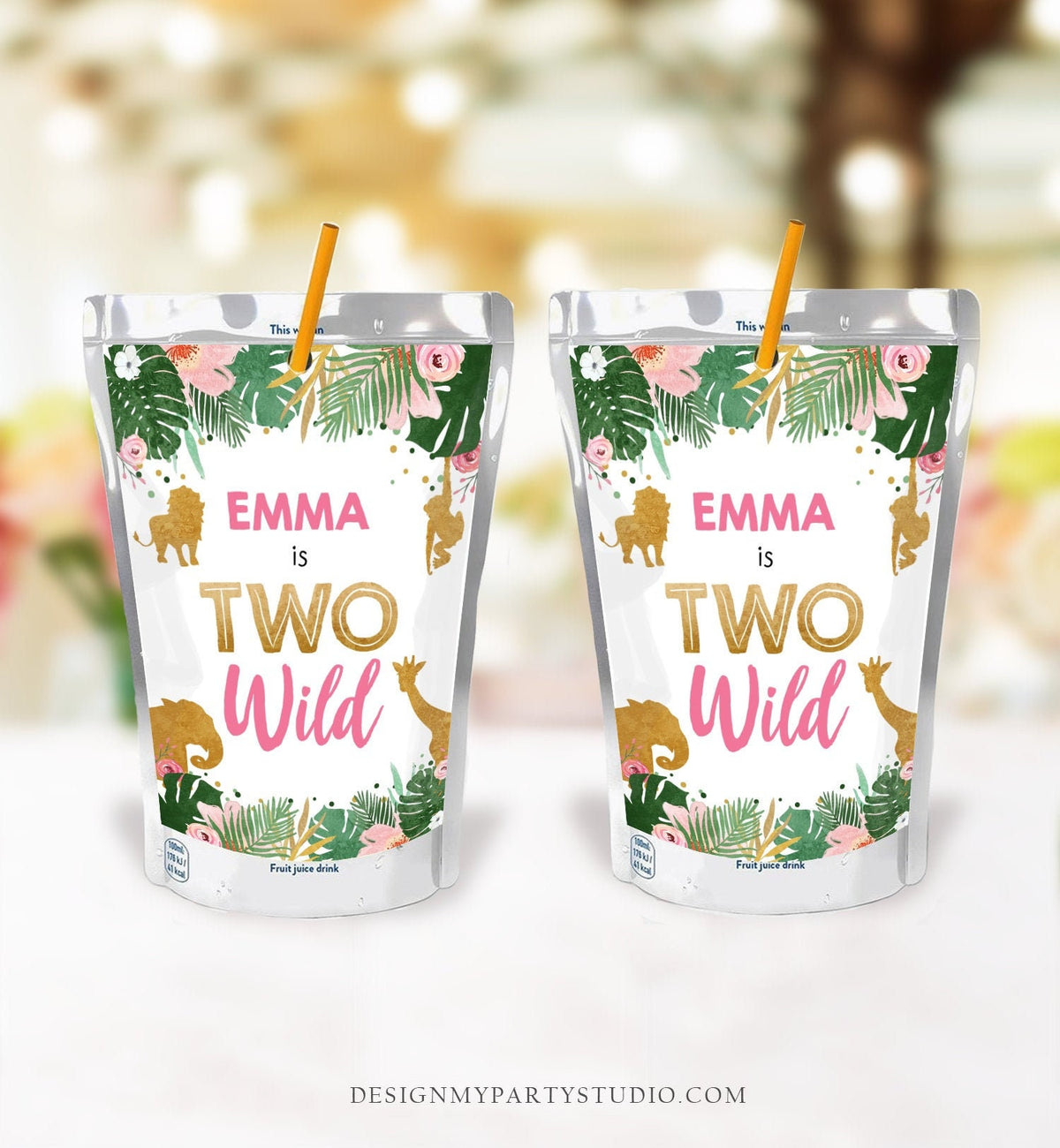 Editable Two Wild Safari Animals Juice Pouch Label Juice Favors Gold Girl Second Birthday Party Animals Digital Template Printable 0016