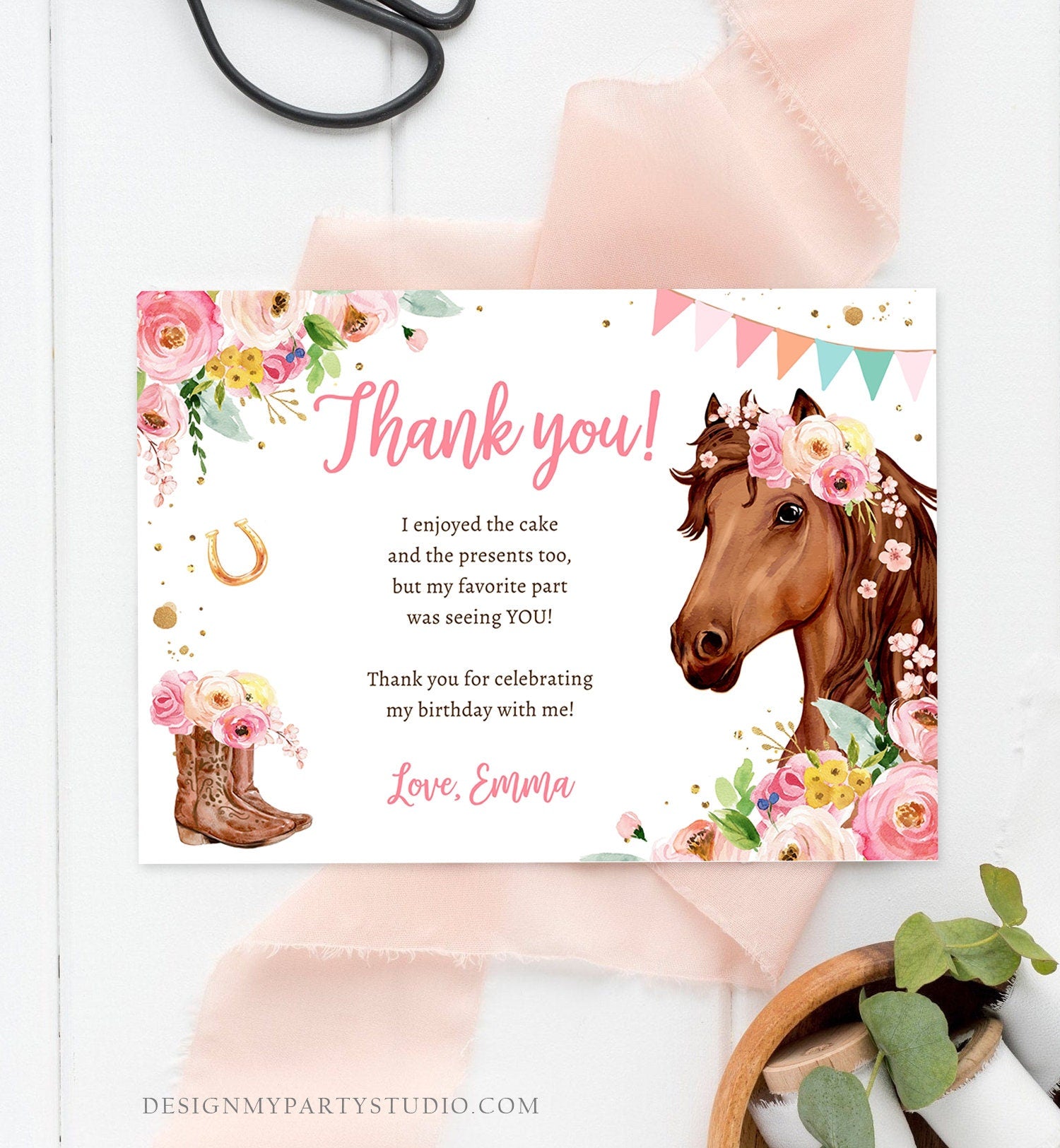 Editable Horse Thank You Card Note Girl Birthday Party Cowgirl Watercolor Pink Floral Saddle Up Download Printable Corjl Template 0408