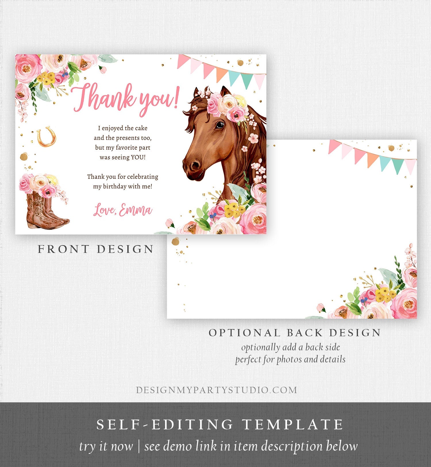 Editable Horse Thank You Card Note Girl Birthday Party Cowgirl Watercolor Pink Floral Saddle Up Download Printable Corjl Template 0408