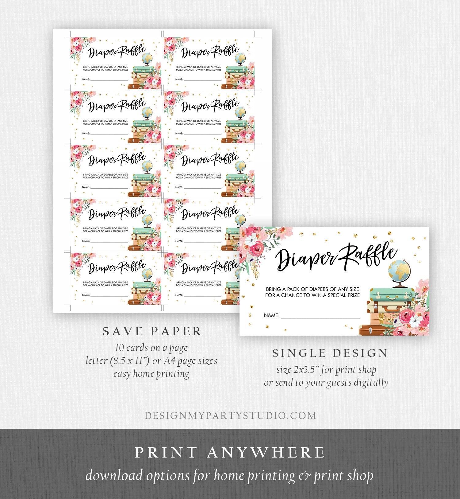 Editable Travel Diaper Raffle Ticket Baby Shower Diaper Game Journey Adventure Suitcases Globe Floral Pink Corjl Template Printable 0030