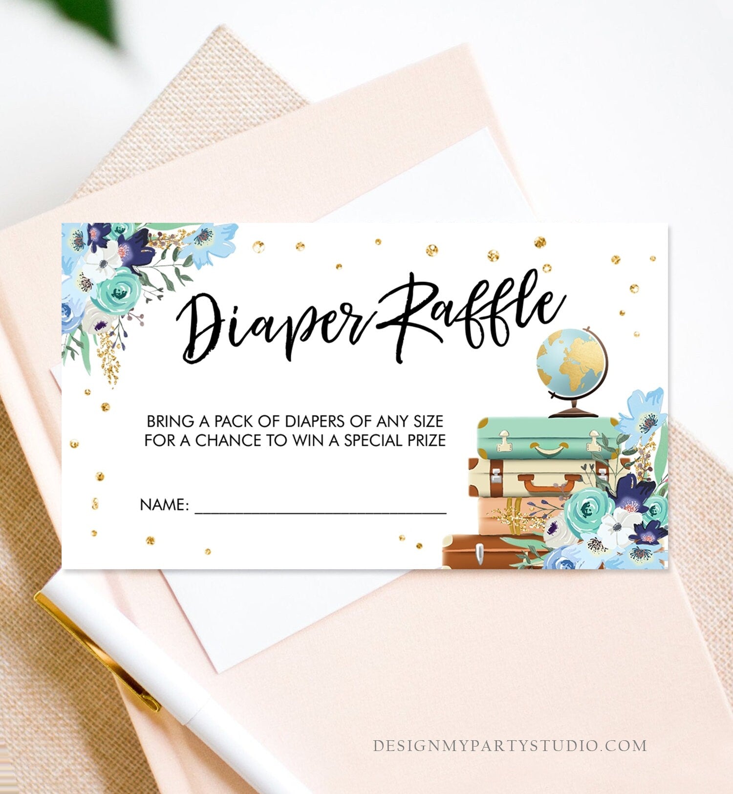 Editable Travel Diaper Raffle Ticket Baby Shower Diaper Game Journey Adventure Suitcases Globe Floral Blue Corjl Template Printable 0030