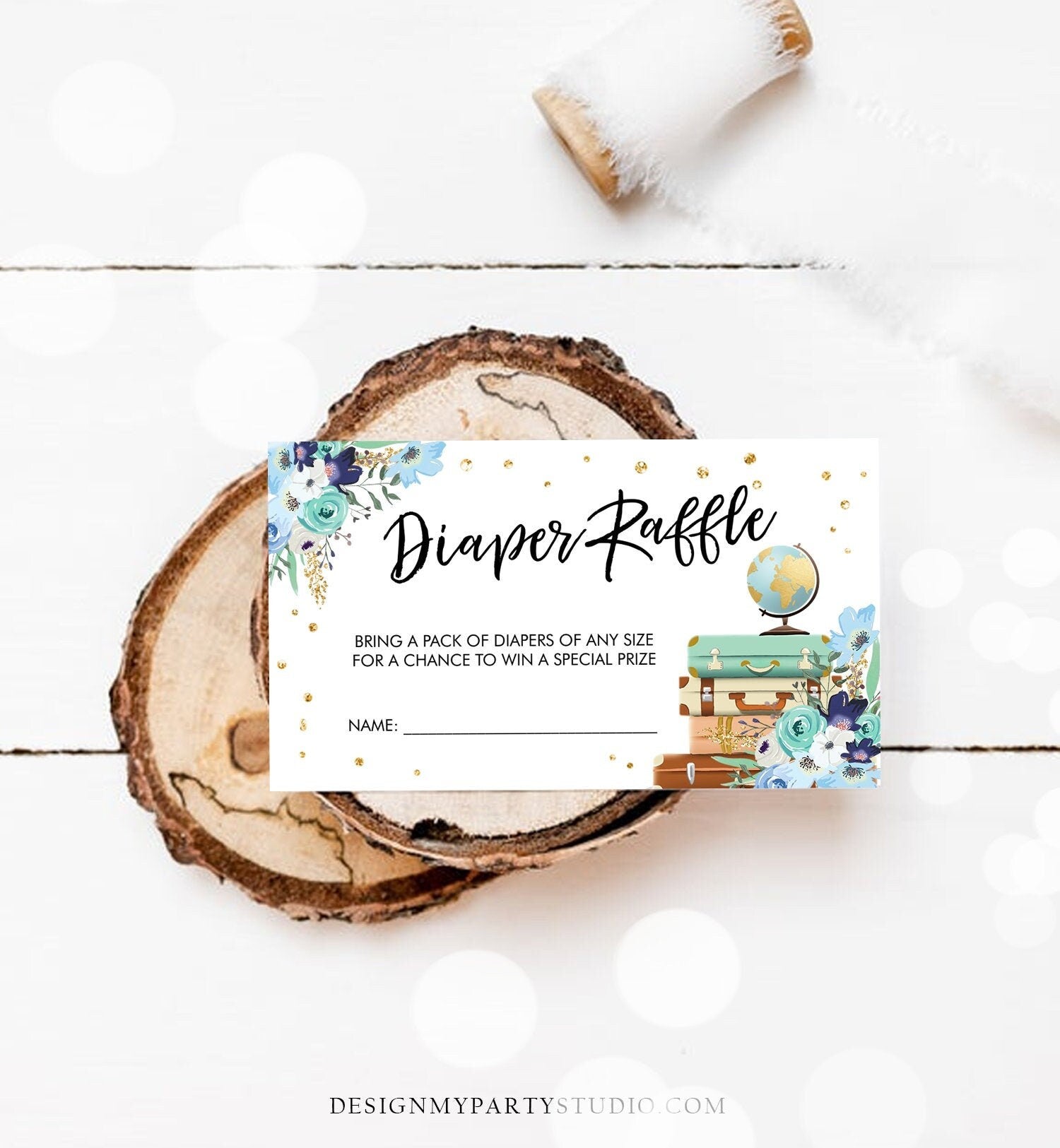 Editable Travel Diaper Raffle Ticket Baby Shower Diaper Game Journey Adventure Suitcases Globe Floral Blue Corjl Template Printable 0030