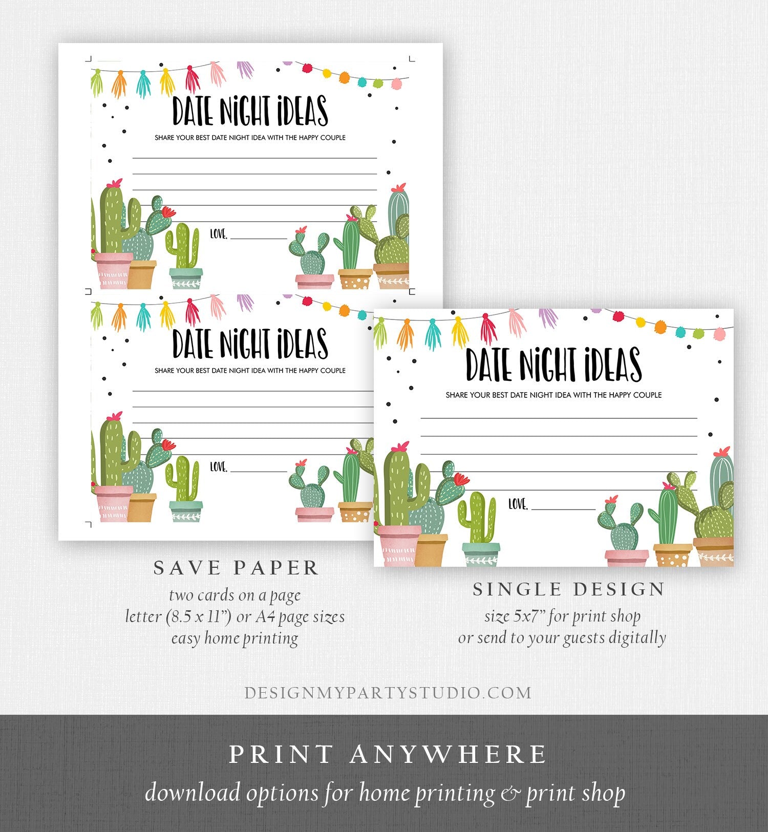 Editable Date Night Ideas Bridal Shower Game Idea Card Advice Game Insert Card Date Jar Fiesta Cactus Activity Mexican Digital Template 0254