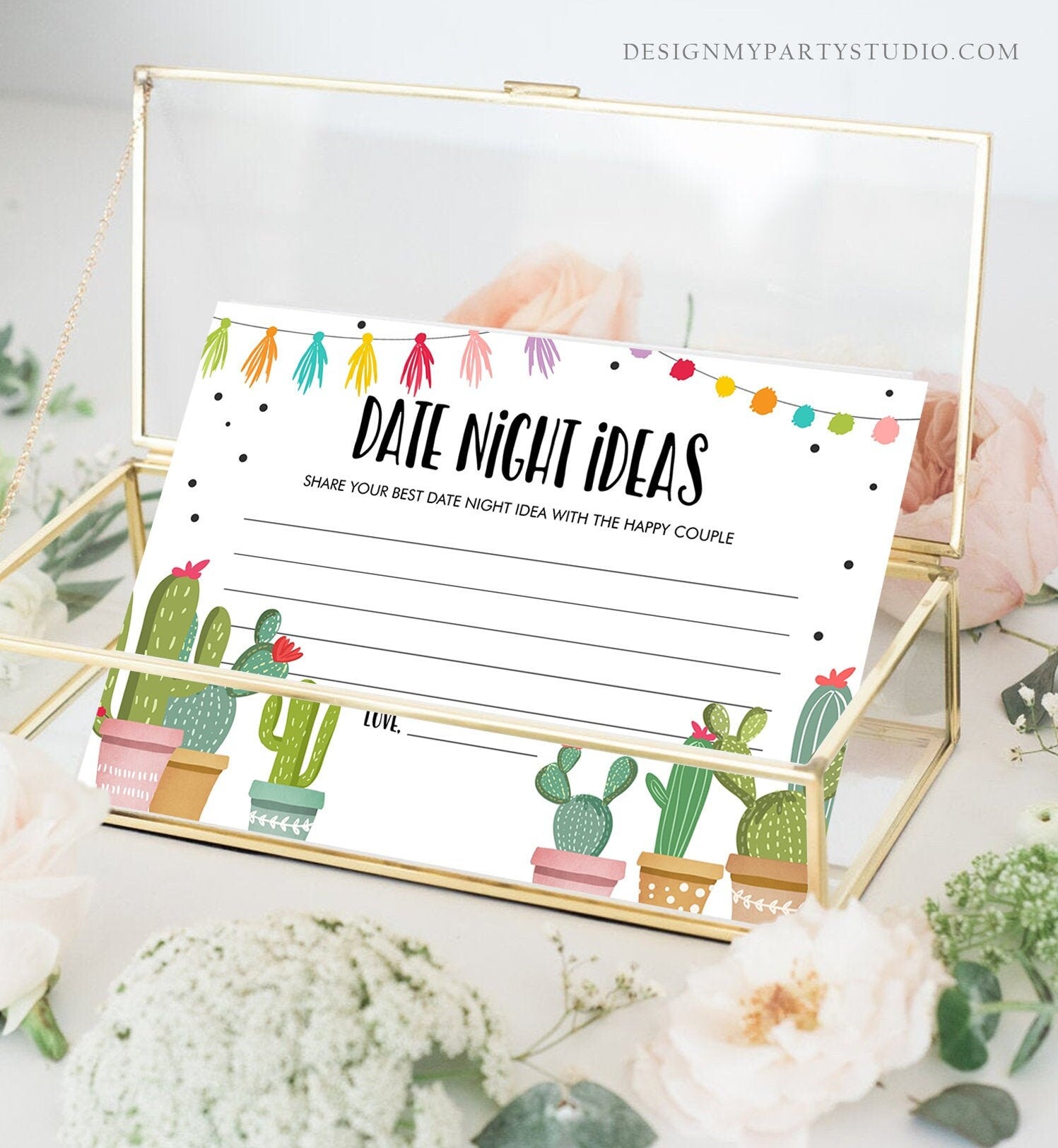 Editable Date Night Ideas Bridal Shower Game Idea Card Advice Game Insert Card Date Jar Fiesta Cactus Activity Mexican Digital Template 0254