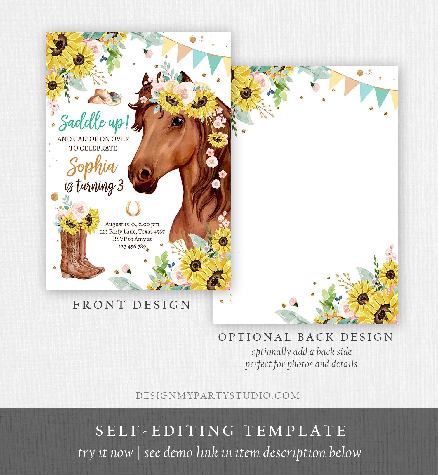 Editable Cowgirl Birthday Invitation Girl Saddle Up Watercolor Horse Party Horse Birthday Sunflowers Download Printable Evite Template 0408