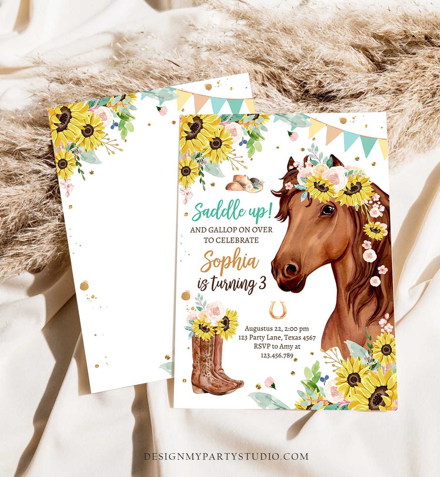 Editable Cowgirl Birthday Invitation Girl Saddle Up Watercolor Horse Party Horse Birthday Sunflowers Download Printable Evite Template 0408