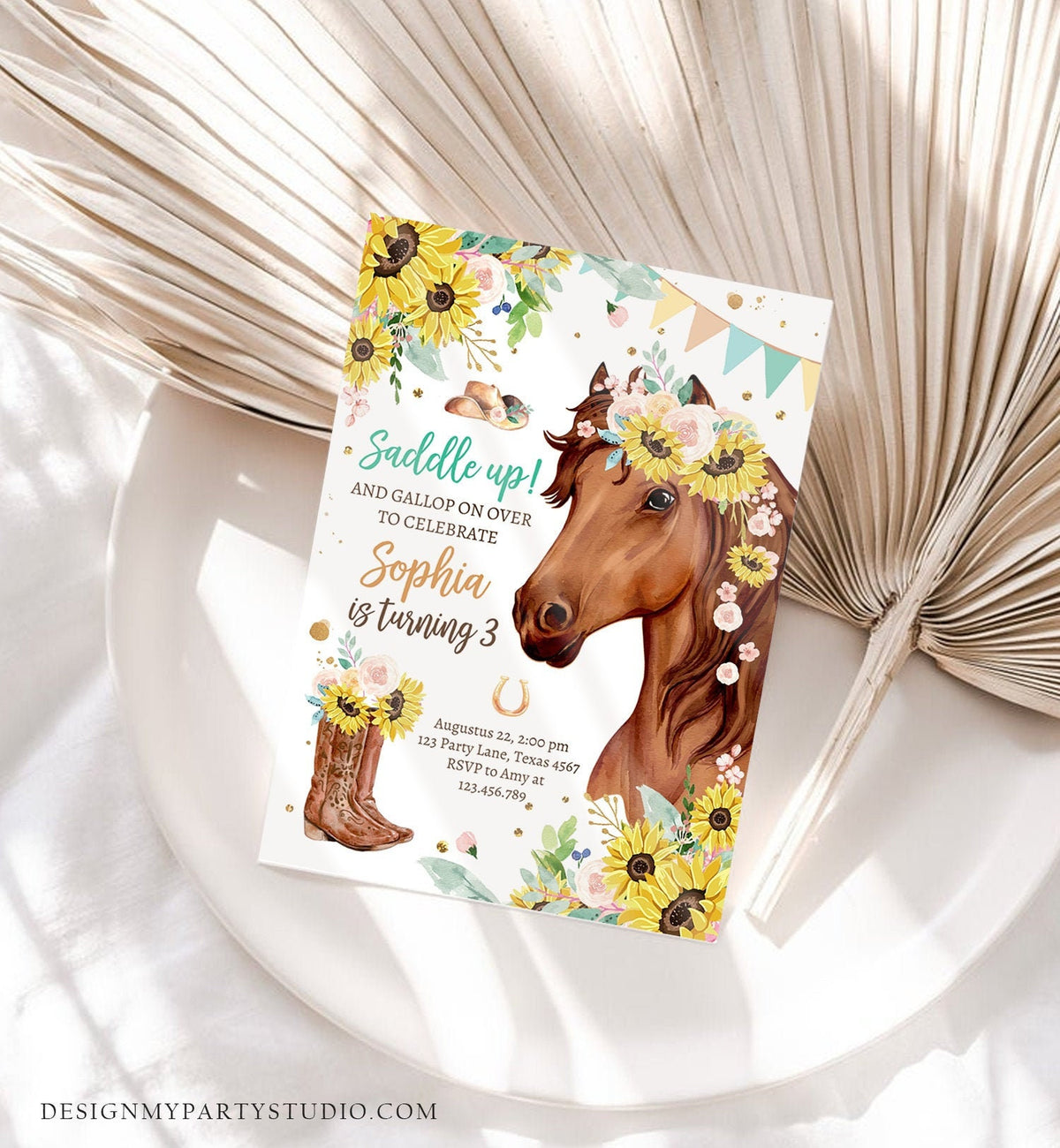 Editable Cowgirl Birthday Invitation Girl Saddle Up Watercolor Horse Party Horse Birthday Sunflowers Download Printable Evite Template 0408