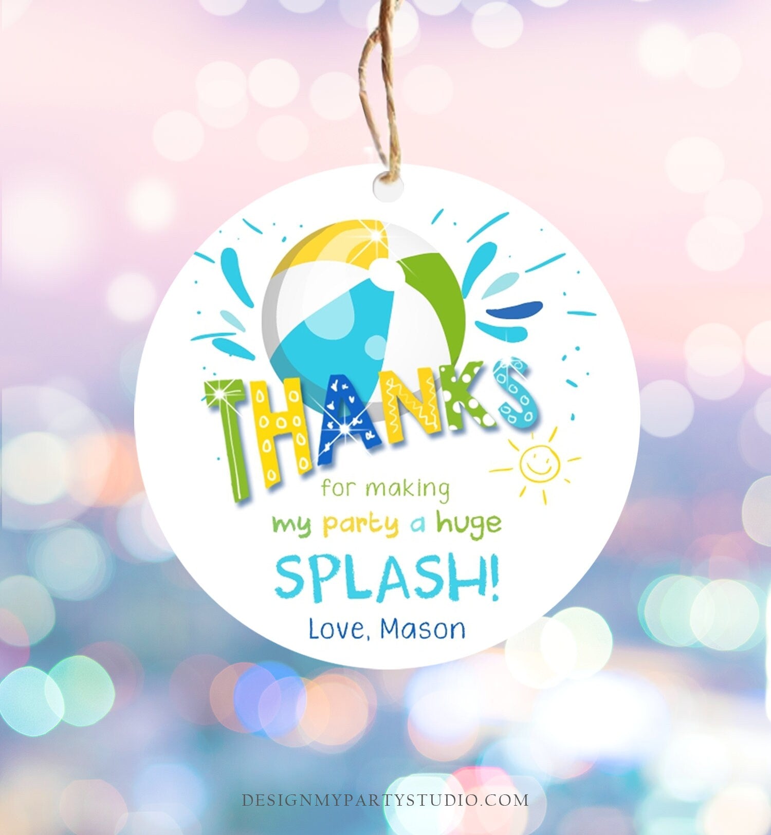 Editable Pool Party Thank You Tags Splish Splash Birthday Bash Green Yellow Tag Label Round Square Sticker Corjl Template Printable 0169