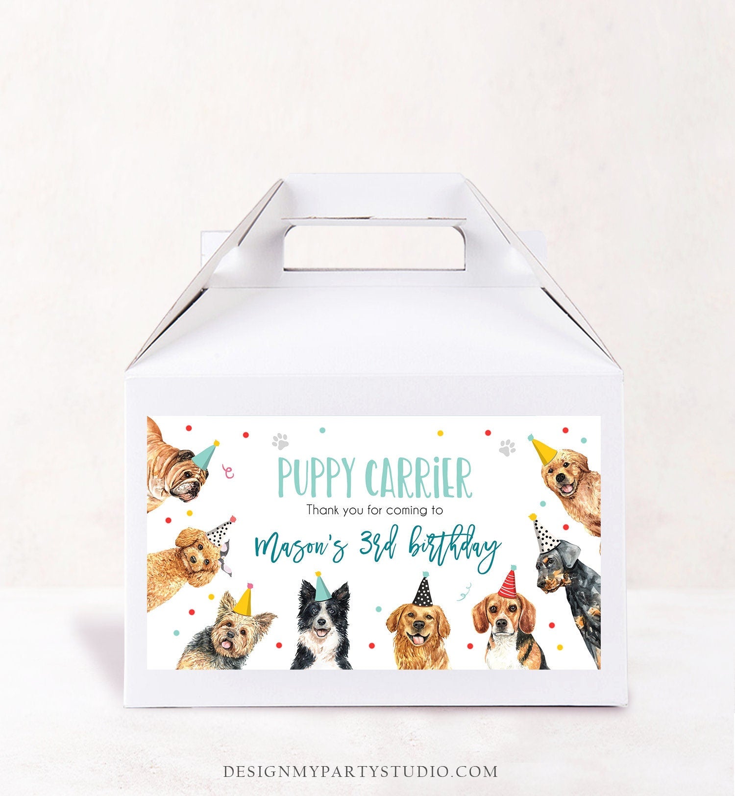 Editable Puppy Carrier Box Favor Label Puppy Birthday Favor Box Label Boy Dog Adopt a Puppy Pet Vet Digital Download Printable Corjl 0384