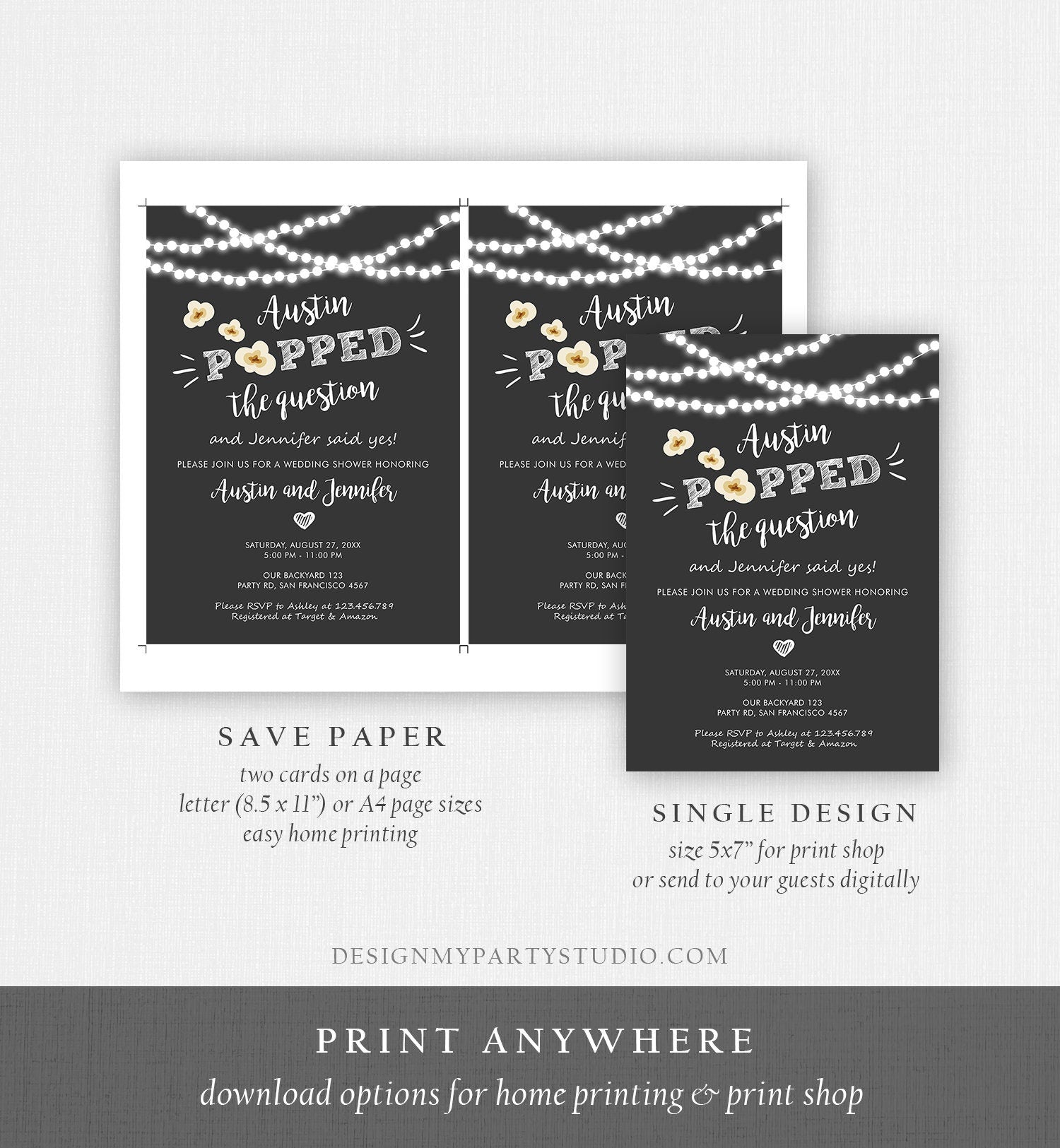 Editable Popped the Question Engagement Party Invitation Couples Shower Rustic Wedding String Lights Popcorn Corjl Template Printable 0110