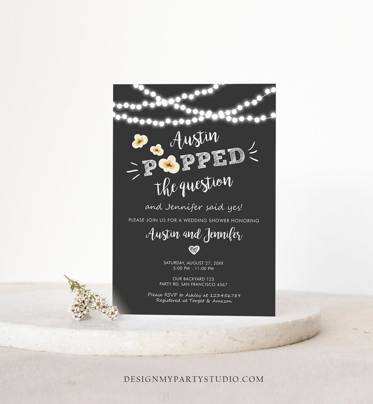 Editable Popped the Question Engagement Party Invitation Couples Shower Rustic Wedding String Lights Popcorn Corjl Template Printable 0110