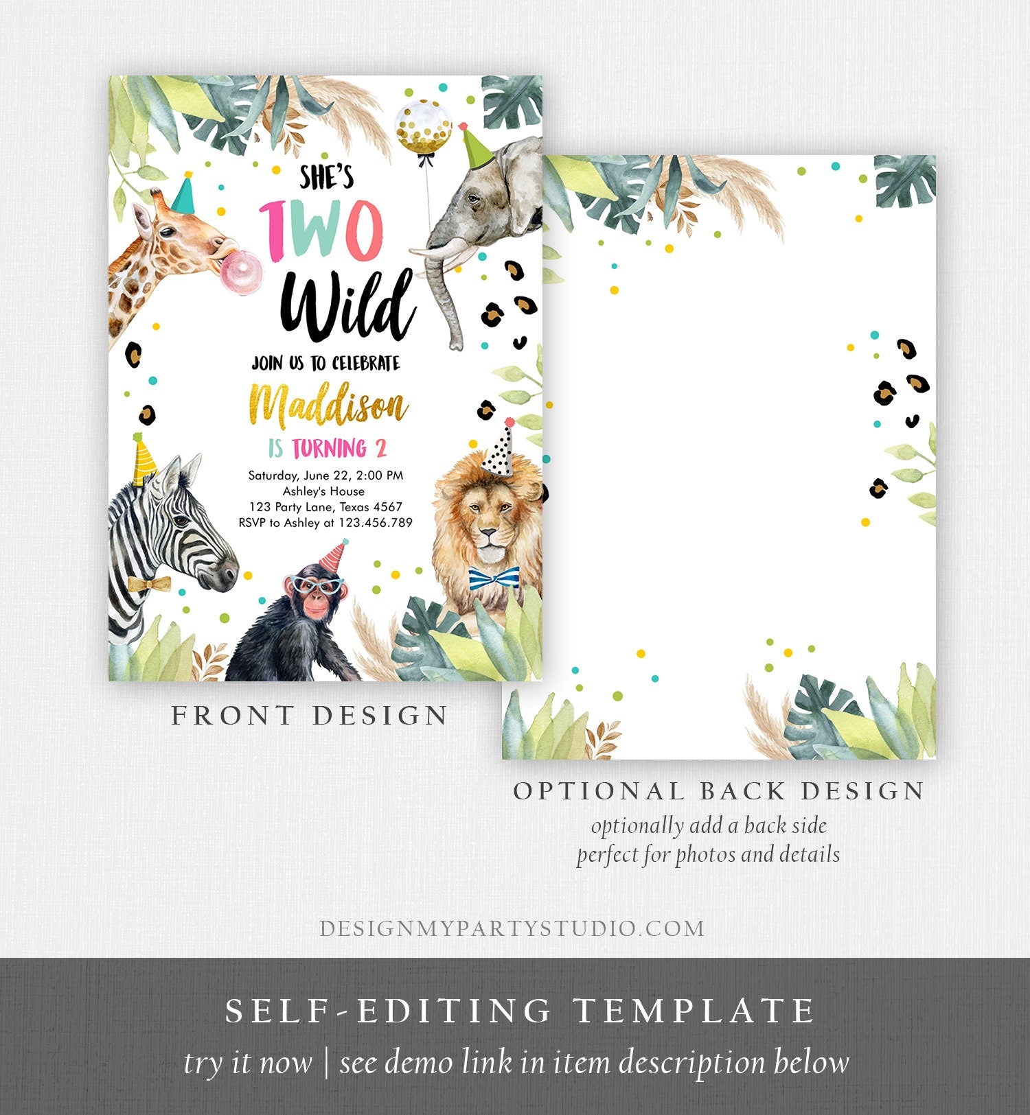 Editable Two Wild Birthday Invitation Girl Safari Animals Part Animals Pink Gold Safari Zoo Digital Download Corjl Template Printable 0417