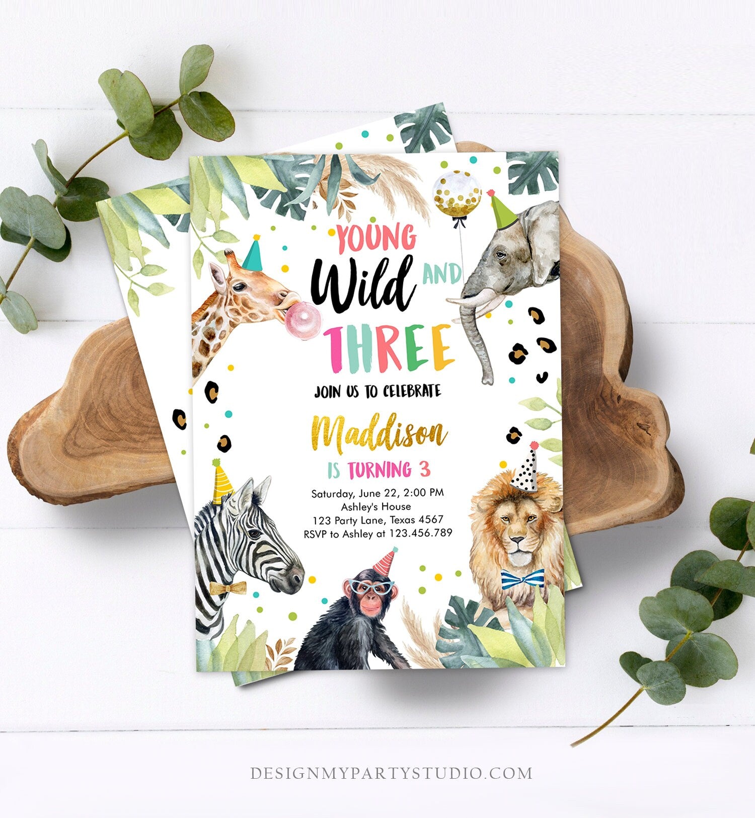 Editable Young Wild and Three Invitation Girl Pink and Gold Safari Animals Zoo Instant Download Printable Template Digital Corjl 0417