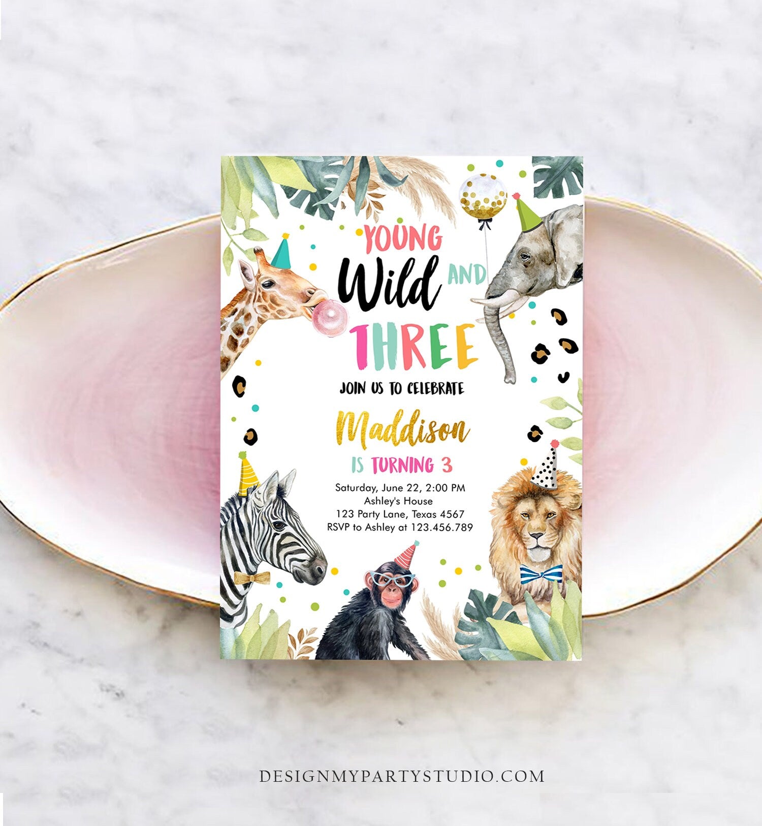 Editable Young Wild and Three Invitation Girl Pink and Gold Safari Animals Zoo Instant Download Printable Template Digital Corjl 0417