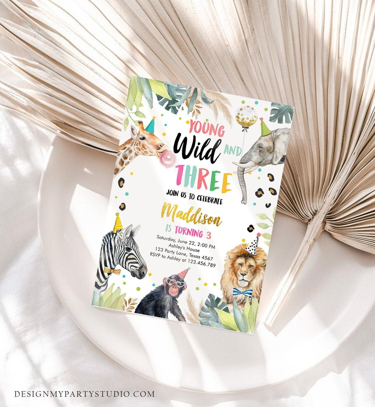 Editable Young Wild and Three Invitation Girl Pink and Gold Safari Animals Zoo Instant Download Printable Template Digital Corjl 0417