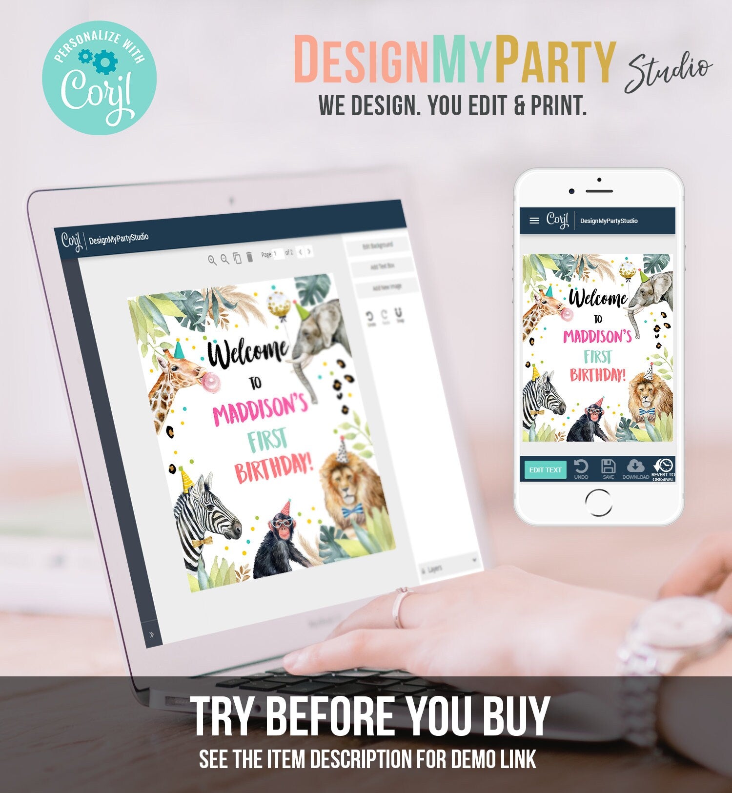 Editable Party Animals Welcome Sign Party Animal Sign Zoo Safari Welcome Jungle Sign Birthday Animals Girl Template PRINTABLE Corjl 0417