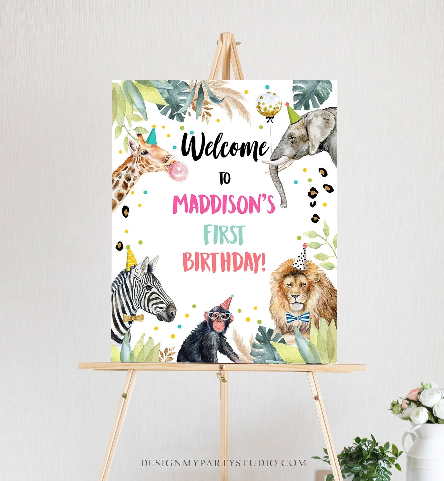 Editable Party Animals Welcome Sign Party Animal Sign Zoo Safari Welcome Jungle Sign Birthday Animals Girl Template PRINTABLE Corjl 0417