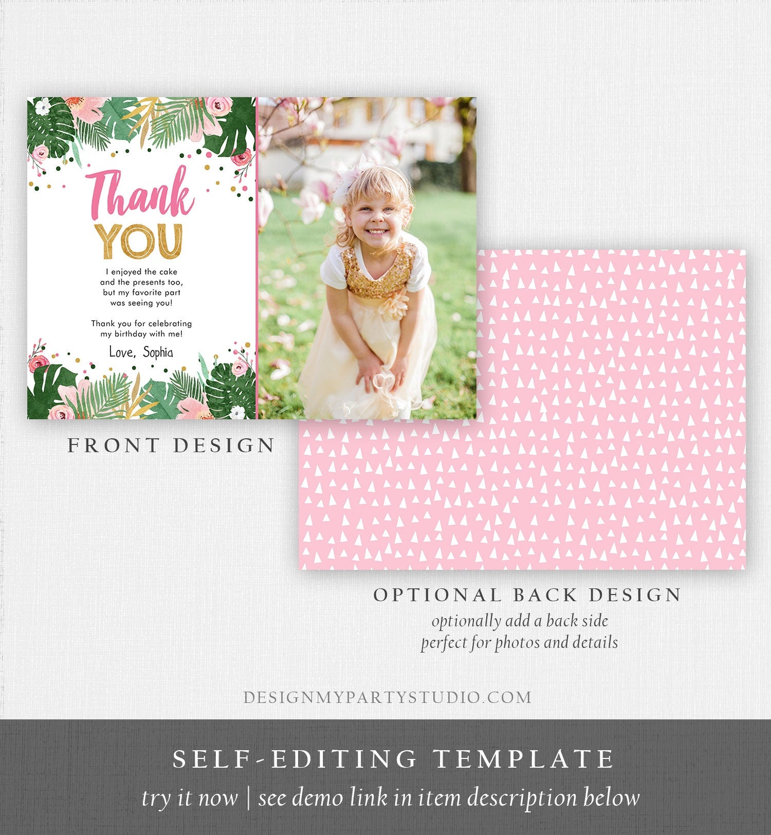 Editable Thank You Card Safari Wild One Two Wild and Three Wild Things Thank You Note Black Gold Photo Girl Pink Jungle Corjl Template 0332