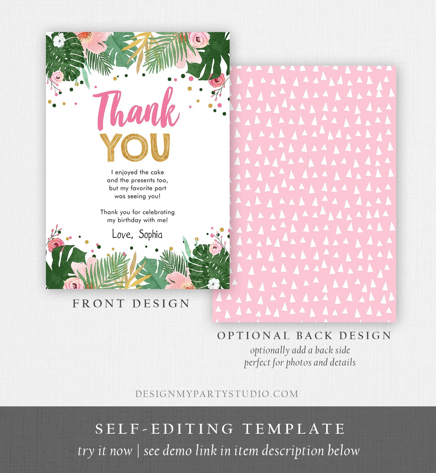 Editable Thank You Card Safari Wild One Two Wild and Three Wild Things Thank You Note Black Gold Photo Girl Pink Jungle Corjl Template 0332