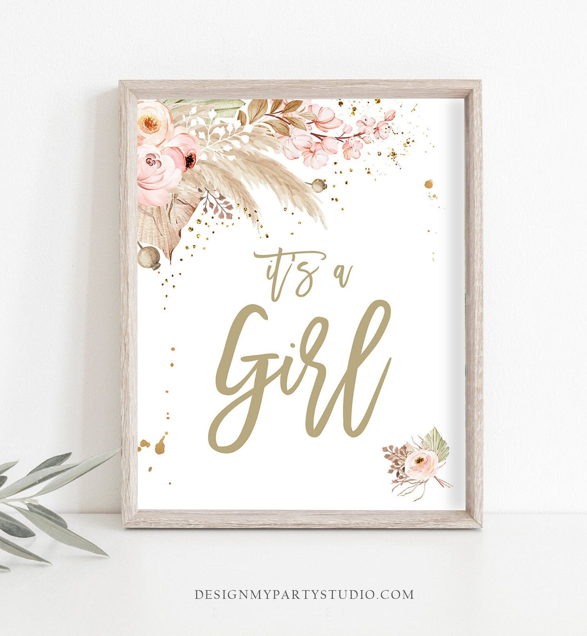 It&#39;s a Girl Sign Pampas Grass Baby Shower Sign Girl Photo Prop Boho Bohemian Tropical Desert Decor Baby Shower 8x10 Download PRINTABLE 0395