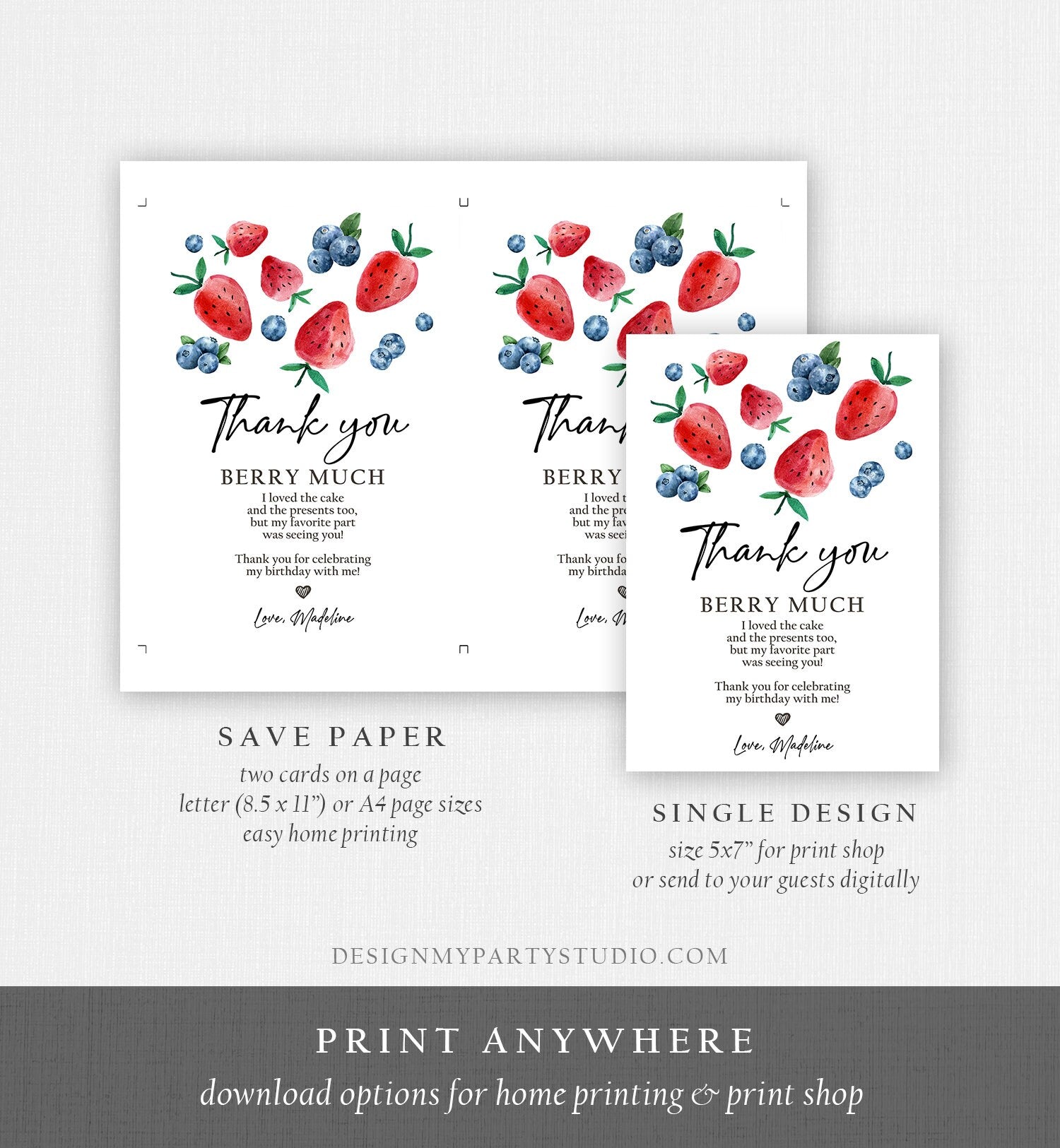 Editable Blueberry Strawberry Thank You Card Berry First Birthday Berry Sweet Farmers Market berries Download Printable Template Corjl 0399