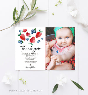 Editable Blueberry Strawberry Thank You Card Berry First Birthday Berry Sweet Farmers Market berries Download Printable Template Corjl 0399