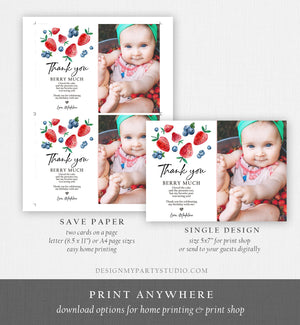 Editable Blueberry Strawberry Thank You Card Berry First Birthday Berry Sweet Farmers Market berries Download Printable Template Corjl 0399