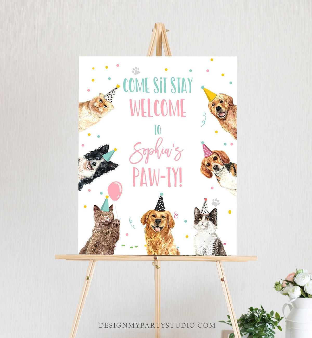 Editable Cats and Dogs Birthday Party Welcome Sign Puppy Birthday Kitten Birthday Come Sit Stay Paw-ty Girl Template Corjl PRINTABLE 0384