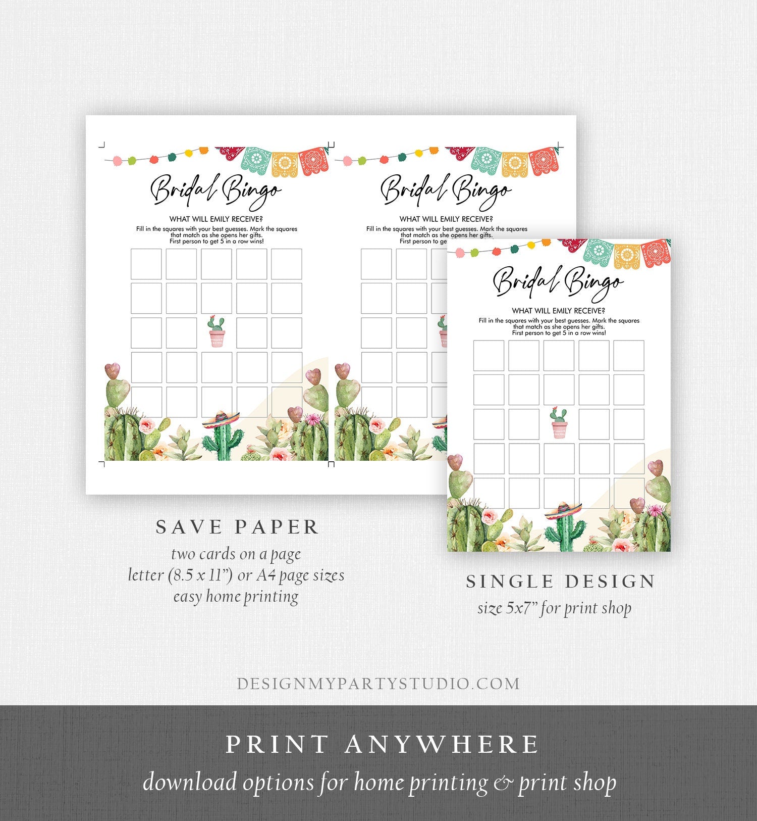 Editable Bridal Bingo Bridal Shower Game Cactus Fiesta Mexican Coed Shower Games Succulent Wedding Activity Corjl Template Printable 0404