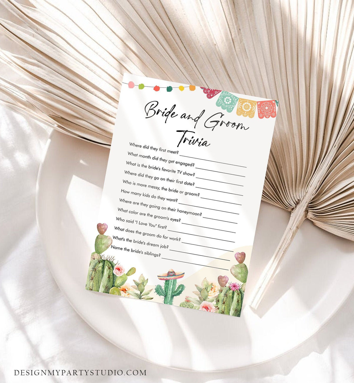 Editable Bride and Groom Trivia Bridal Shower Game Cactus Fiesta Mexican Coed Shower Games Wedding Activity Corjl Template Printable 0404