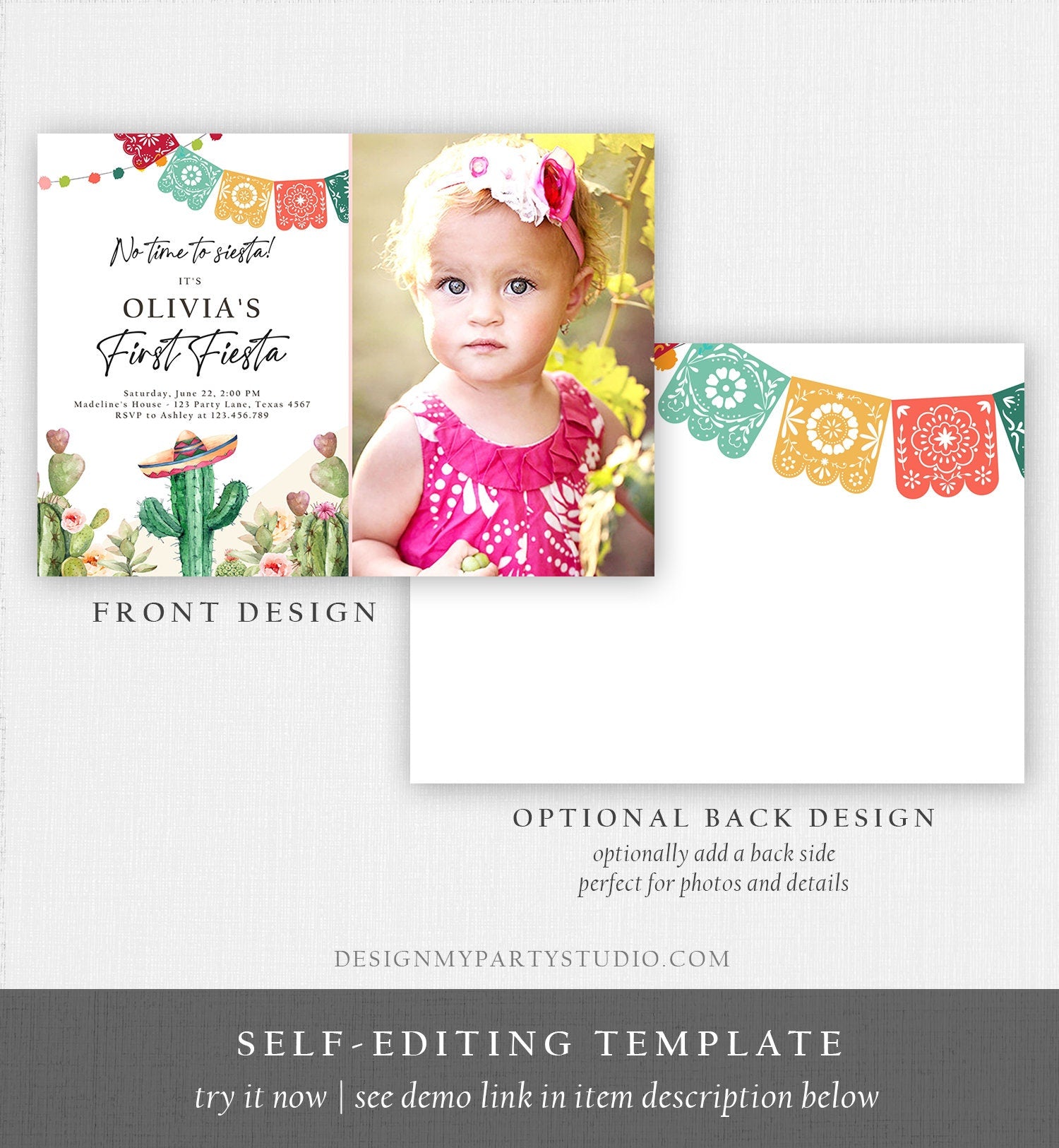 Editable Fiesta Invitation First Fiesta Birthday Mexican Cactus Succulent Desert Floral Girl Digital Download Evite Template Printable 0404